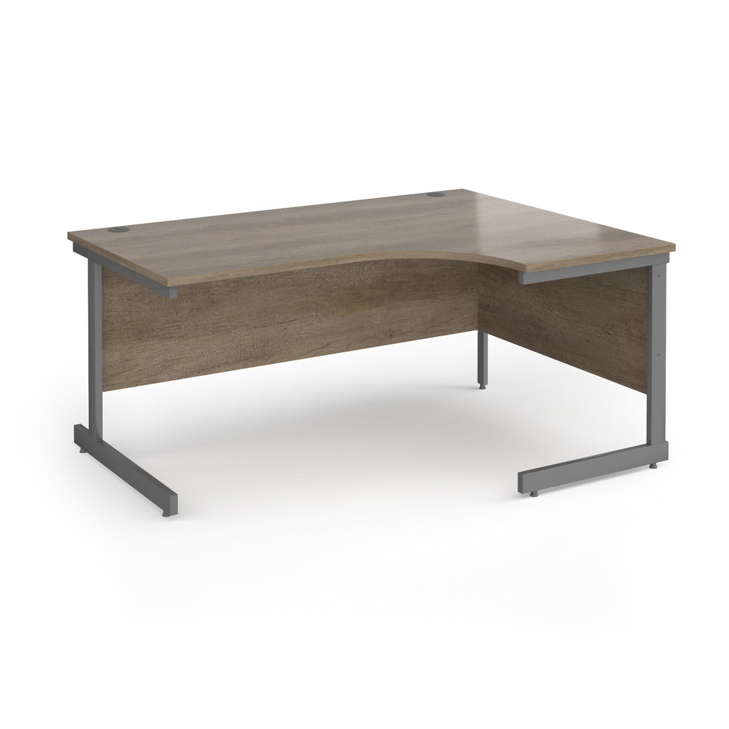 Corner desk with wood-effect top and grey metal frame on a white background