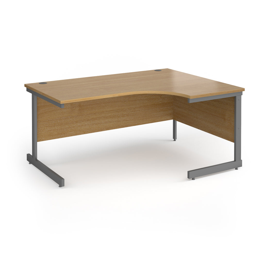 Corner desk with wood-effect top and grey metal frame on a white background