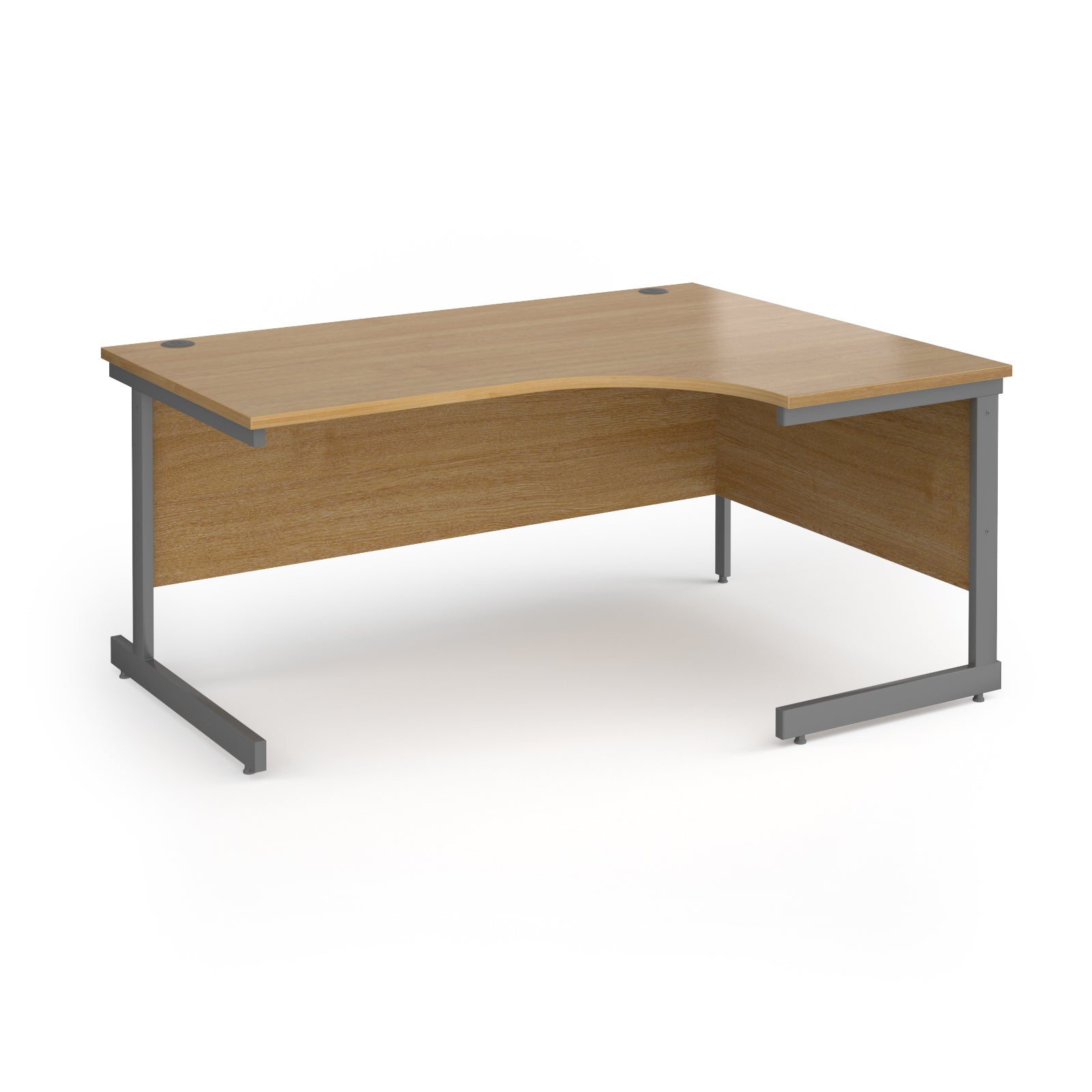 Corner desk with wood-effect top and grey metal frame on a white background