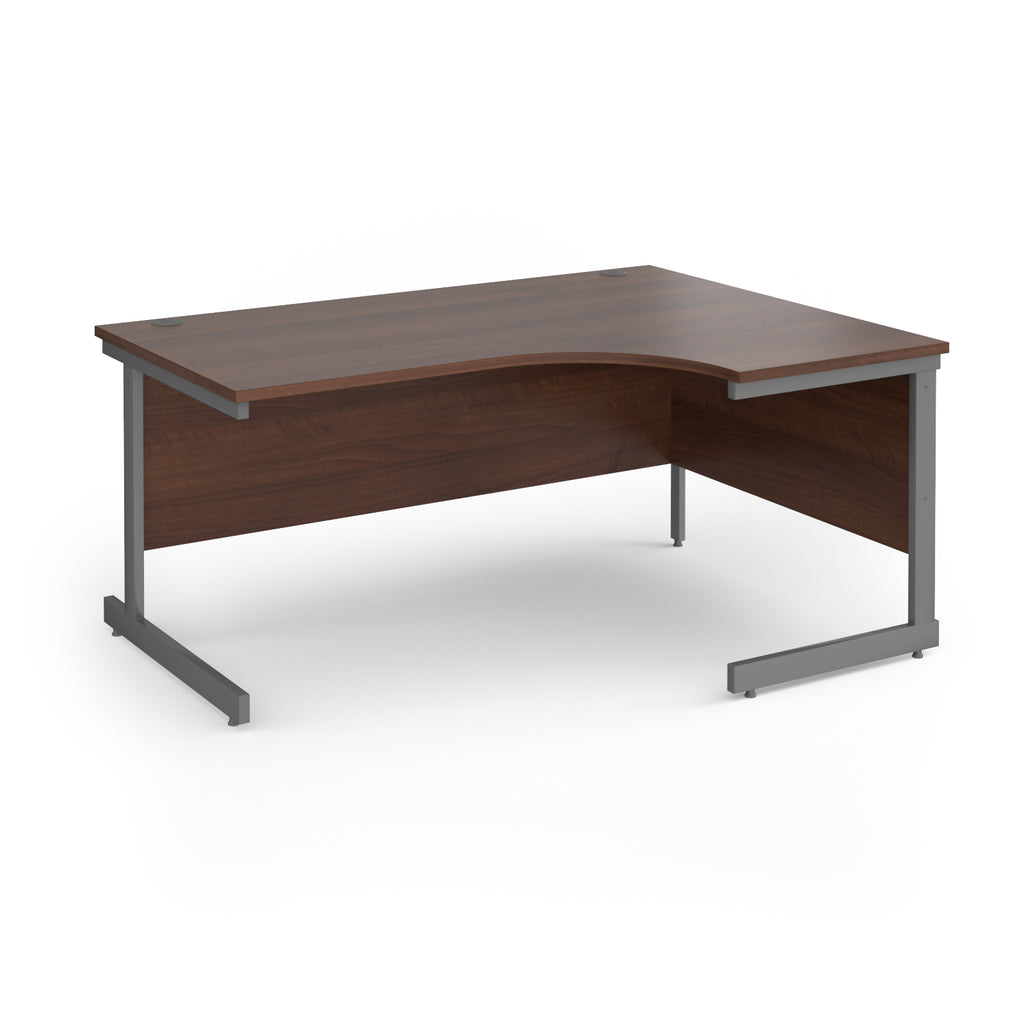 Corner desk with wood-effect top and grey metal frame on a white background