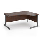Corner desk with wood-effect top and grey metal frame on a white background