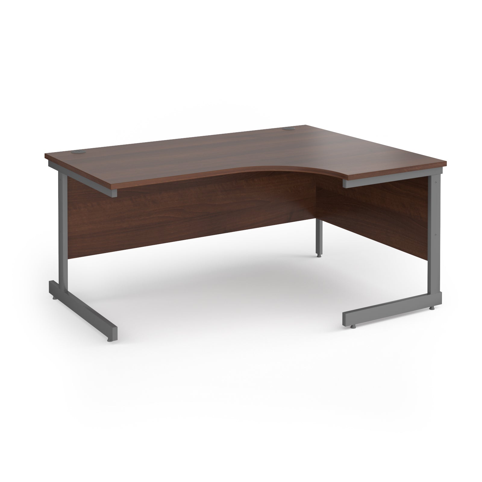 Corner desk with wood-effect top and grey metal frame on a white background