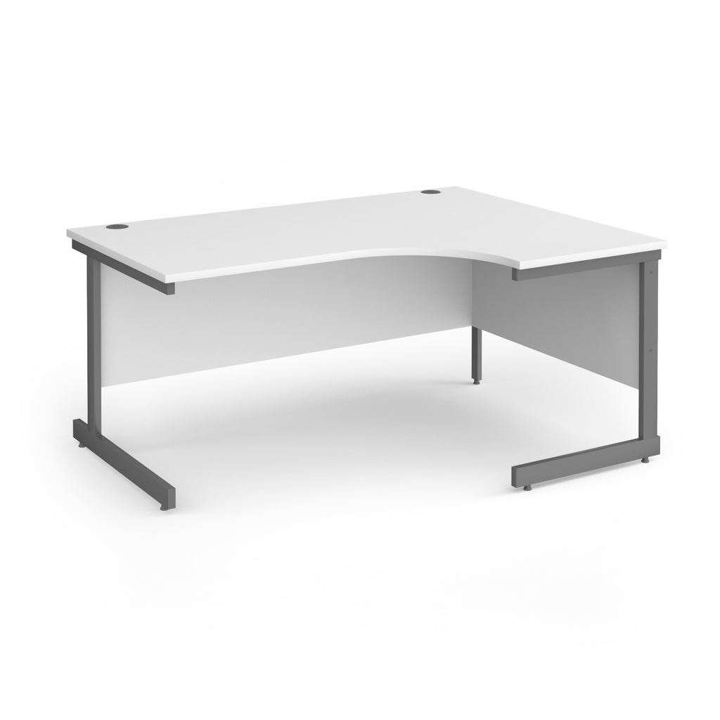 Corner desk with white top and grey metal frame on a white background