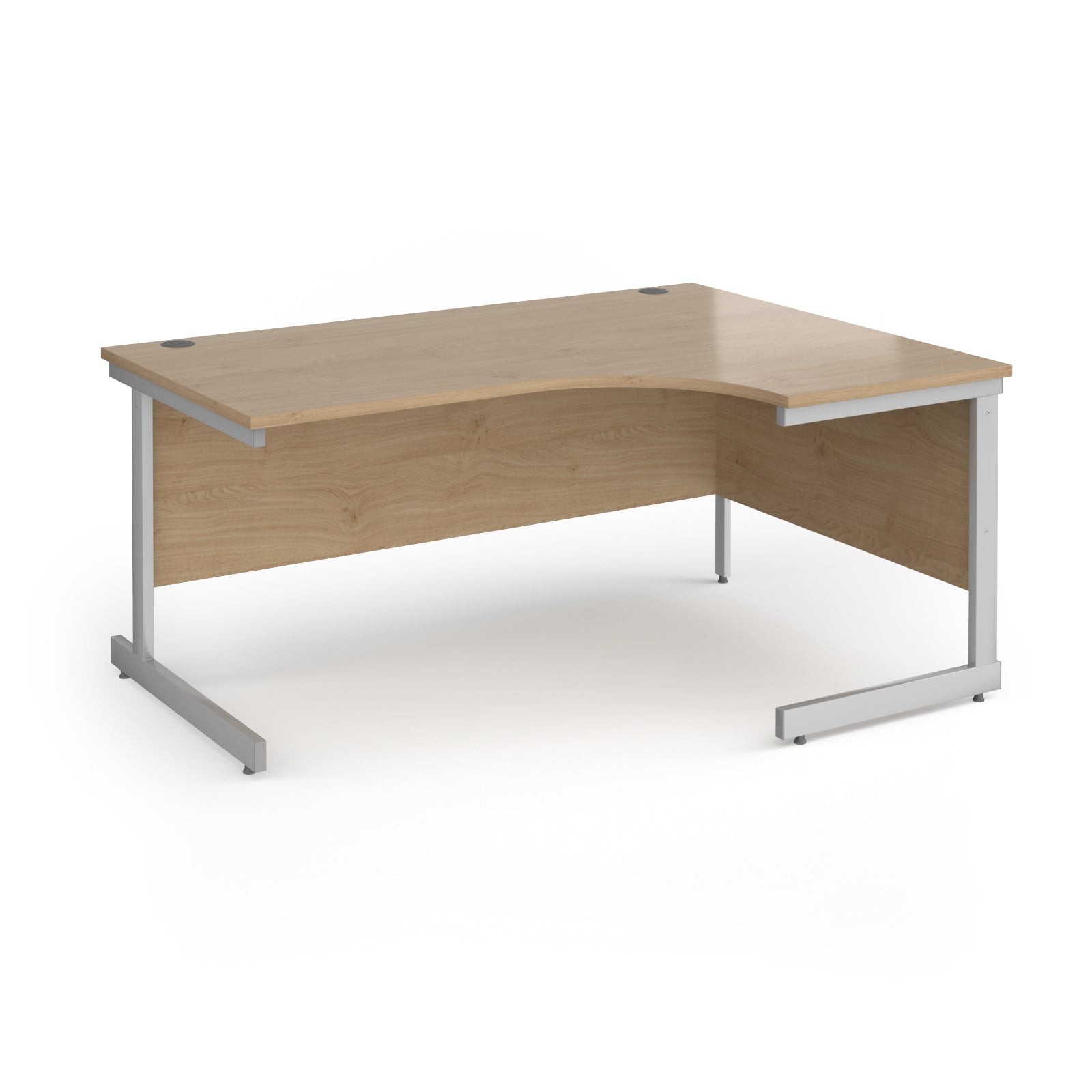 Corner desk with wood-effect top and silver metal frame on a white background
