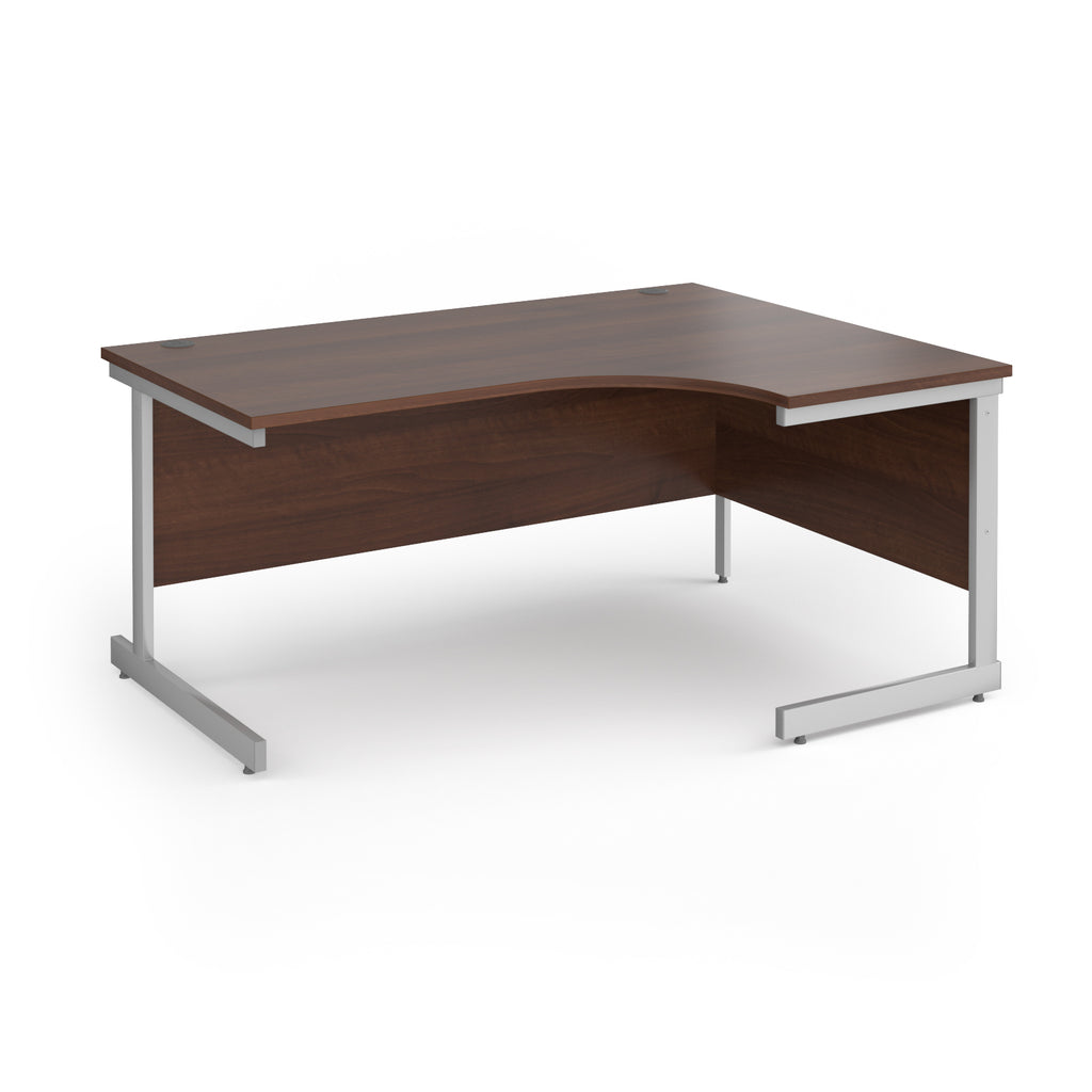 Corner desk with wood-effect top and silver metal frame on a white background