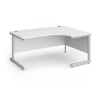 Corner desk with white top and silver metal frame on a white background