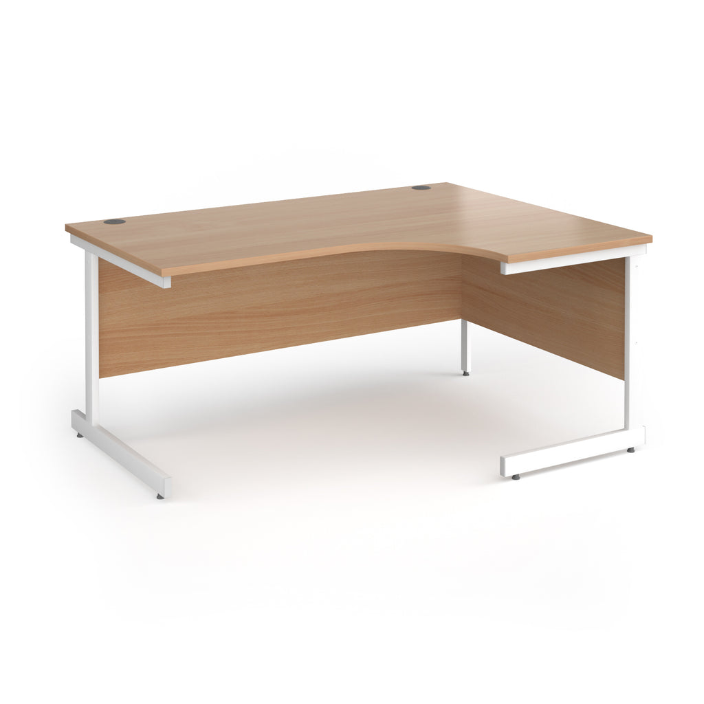 Corner desk with wood-effect top and white metal frame on a white background