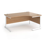 Corner desk with wood-effect top and white metal frame on a white background