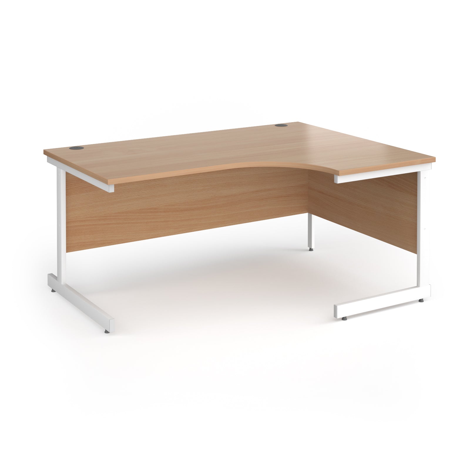 Corner desk with wood-effect top and white metal frame on a white background