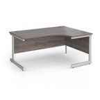 Corner desk with grey wood-effect top and white metal frame on a white background