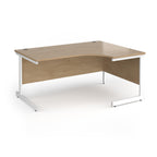 Corner desk with wood-effect top and white metal frame on a white background