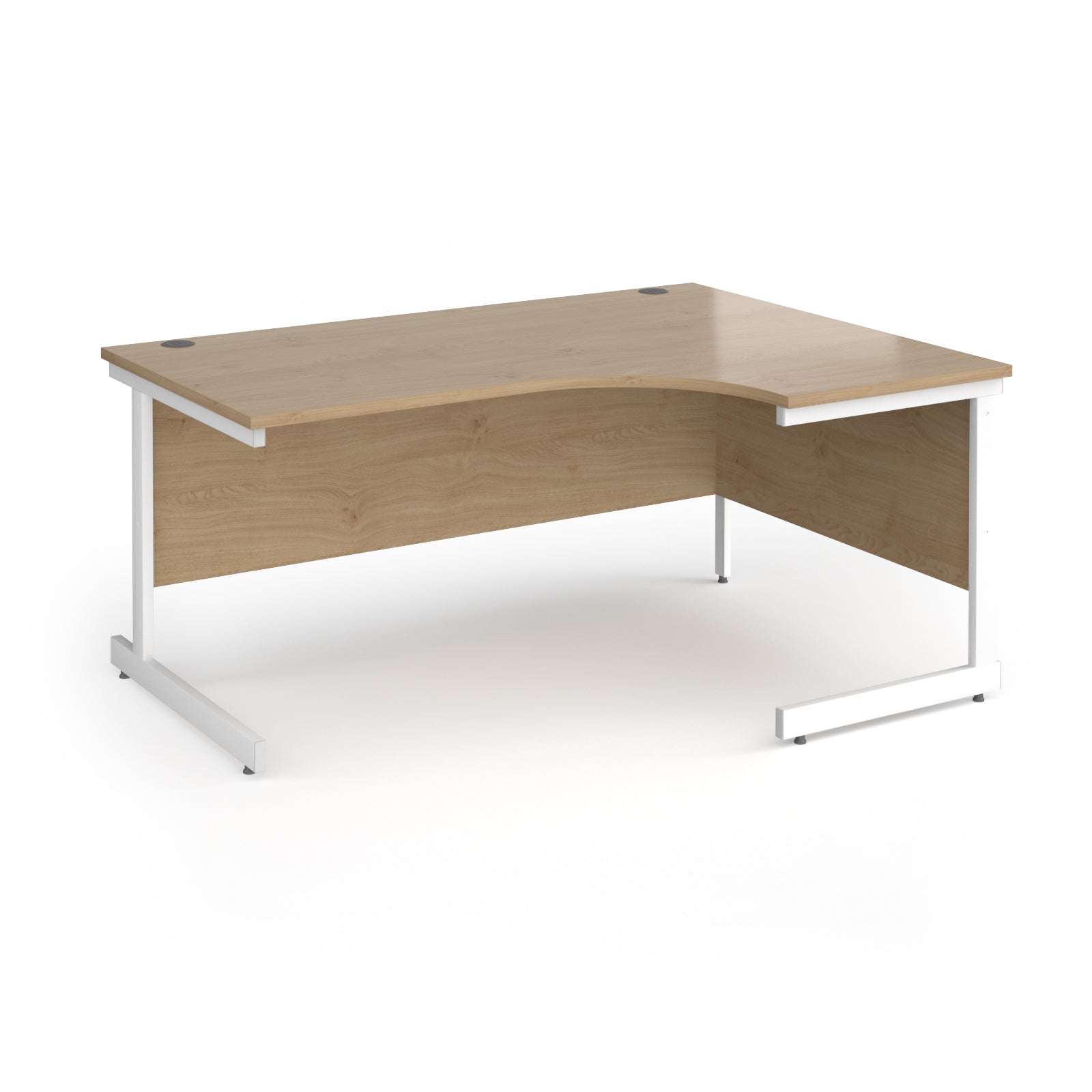 Corner desk with wood-effect top and white metal frame on a white background