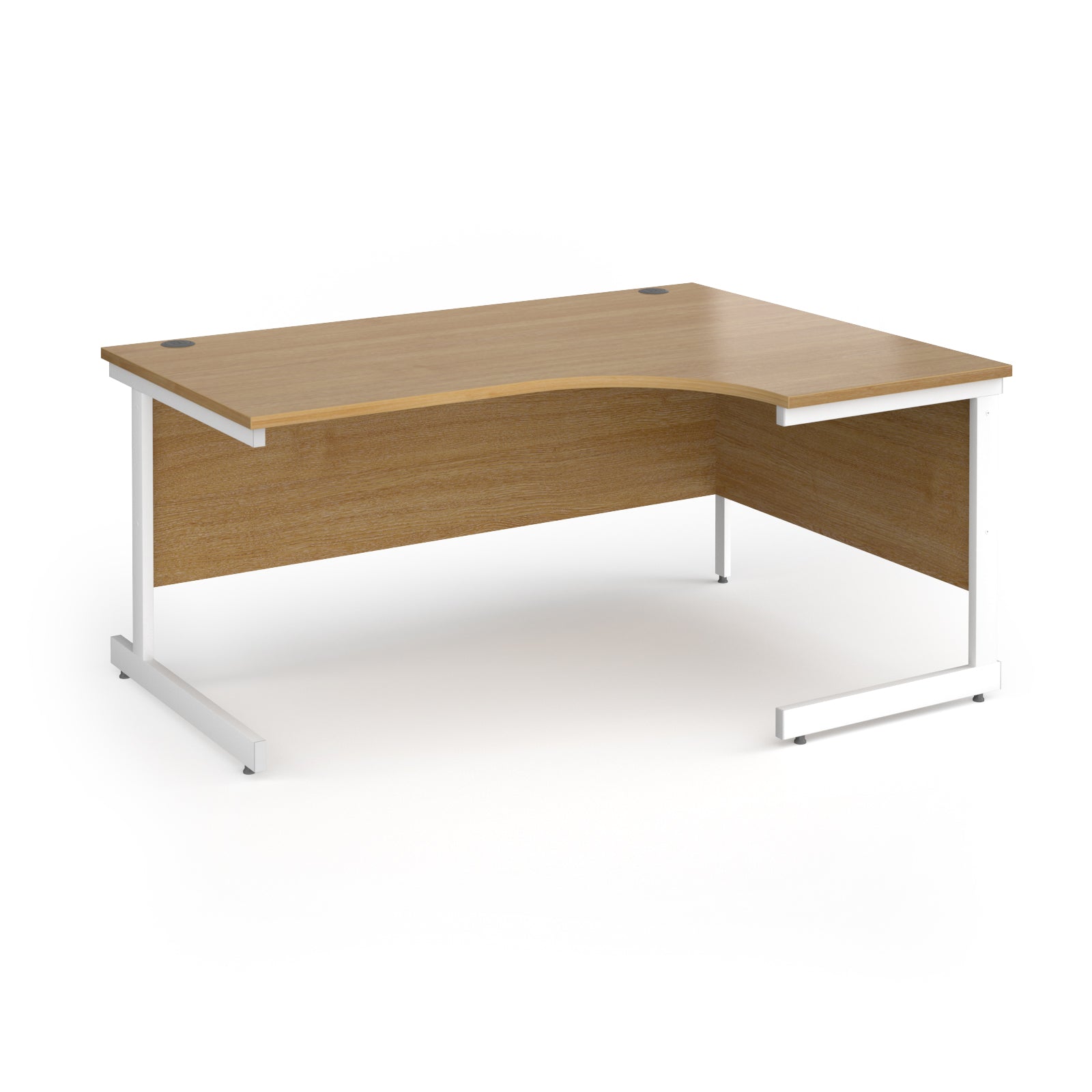 Corner desk with wood-effect top and white metal frame on a white background