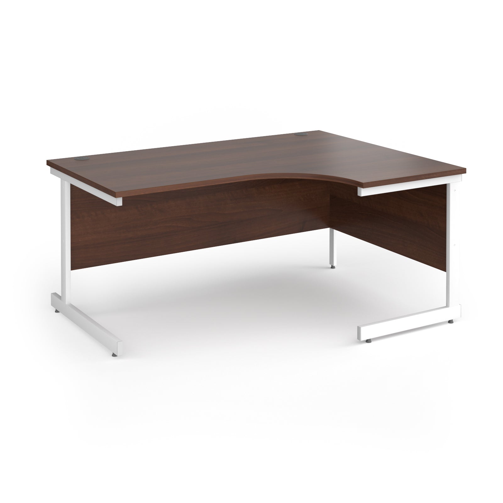 Corner desk with wood-effect top and white metal frame on a white background