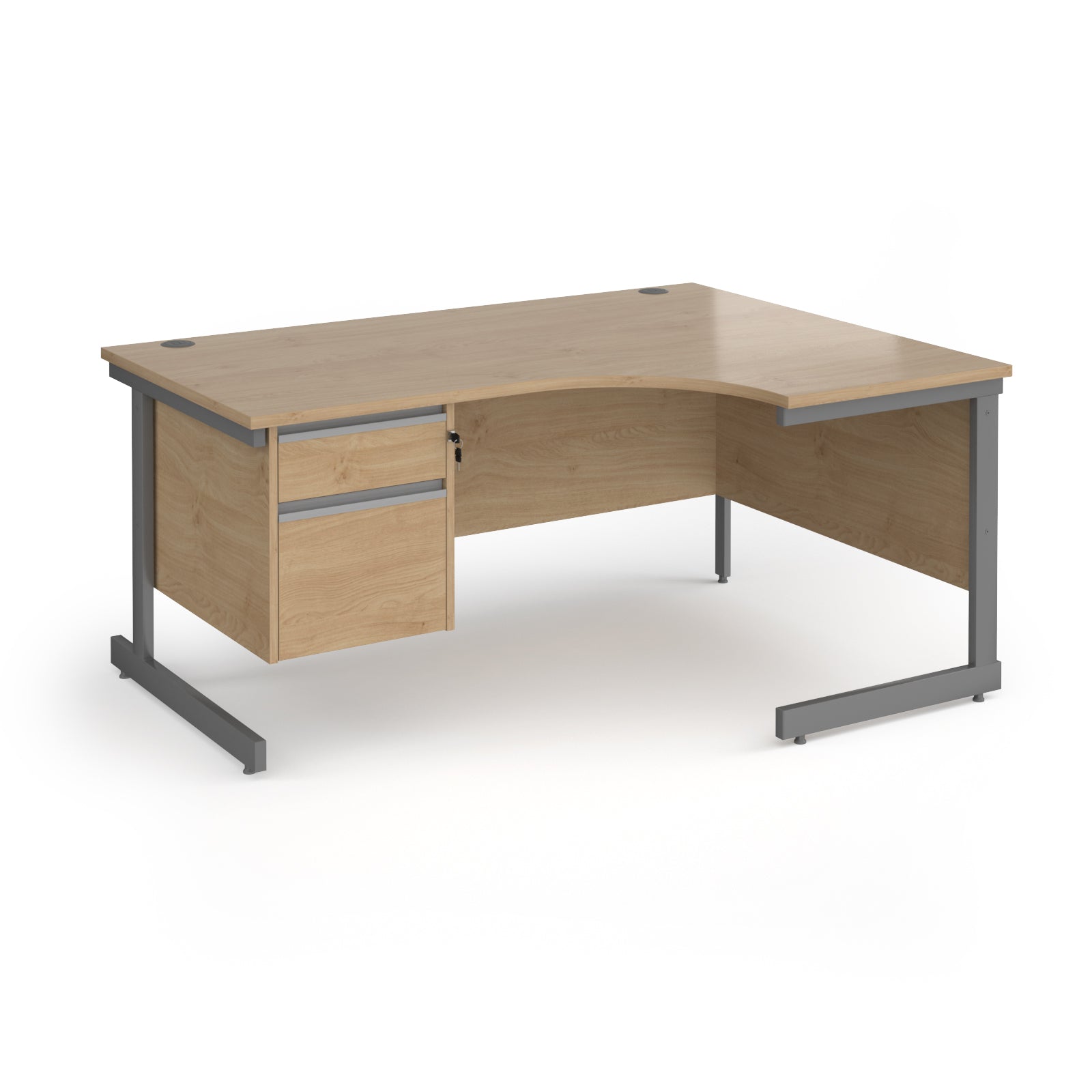 Corner office desk with a light oak wood grain finish and a dark grey metal frame, featuring a two-drawer pedestal on the left side.