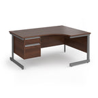 Corner office desk with a dark brown wood grain finish and a grey metal frame, featuring two drawers on the left with silver handles.