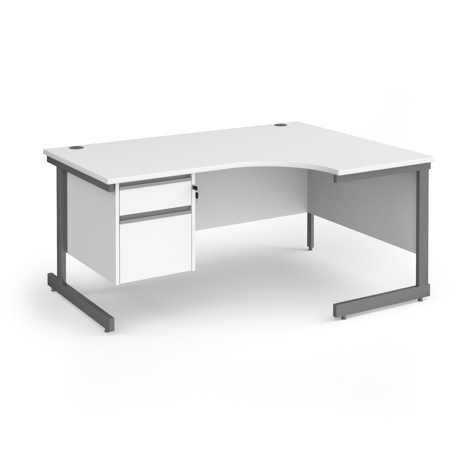 Corner office desk with a white desktop and drawer unit, supported by a grey metal frame, shown on a plain white background.