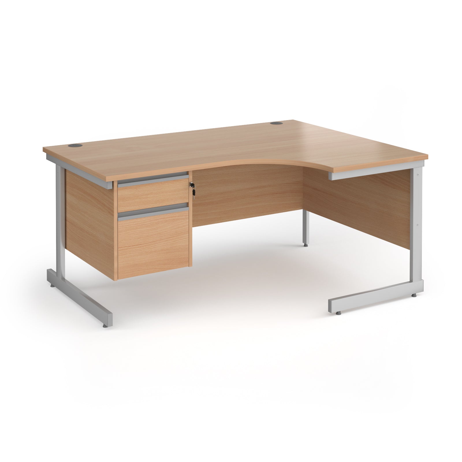 Corner office desk with a light beech wood grain finish and a silver metal frame, featuring a single drawer on the left with silver handles.