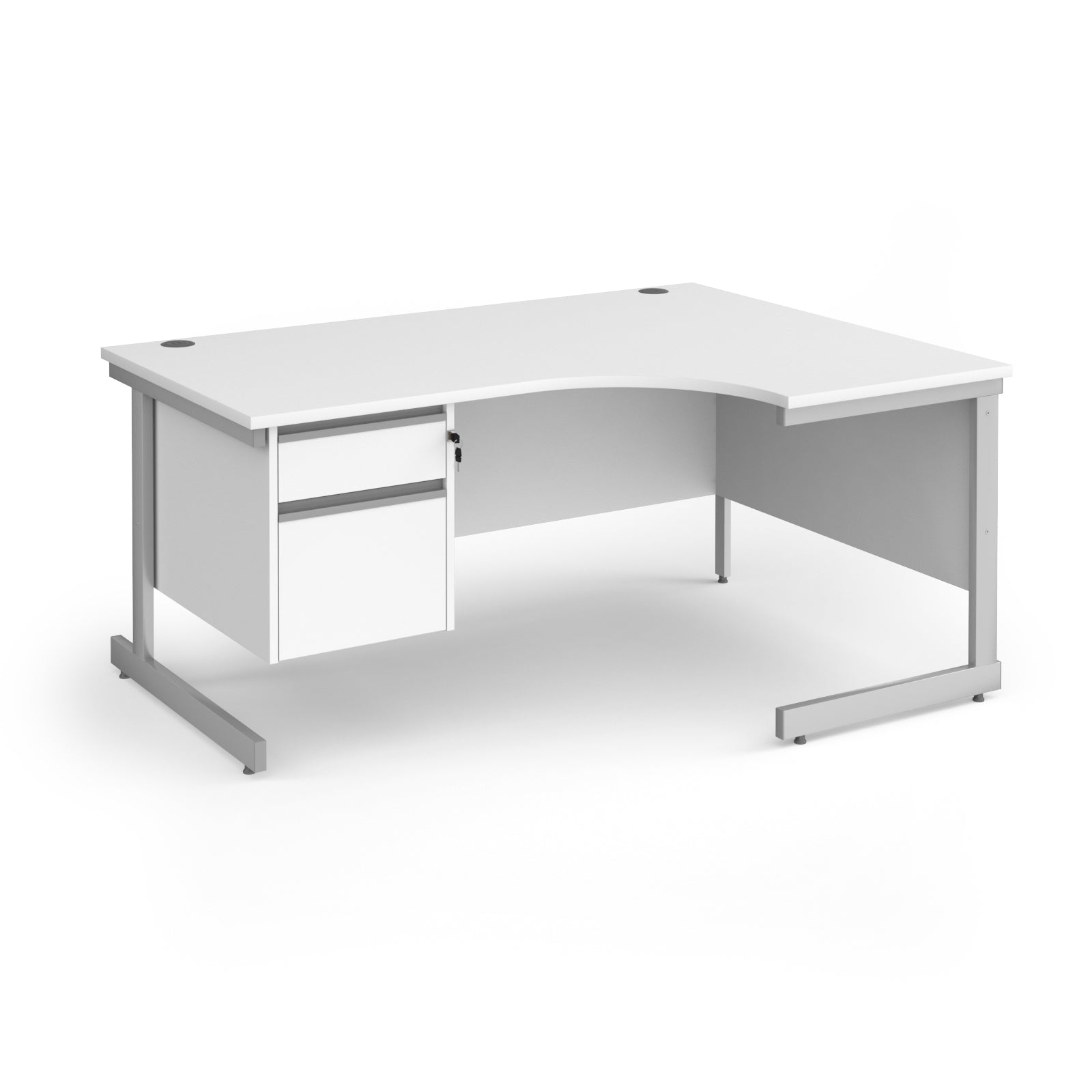 A white corner office desk with a two-drawer pedestal on the left and a silver metal frame, shown on a solid white background.