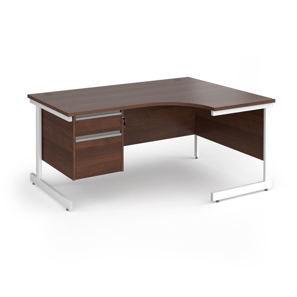 Corner office desk with a dark brown wood grain finish and a white metal frame, featuring two drawers on the left with silver handles.