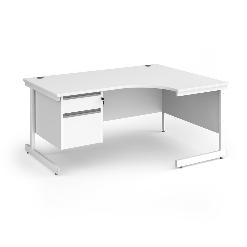 White corner office desk with two drawers on the left side, shown on a clean white background.