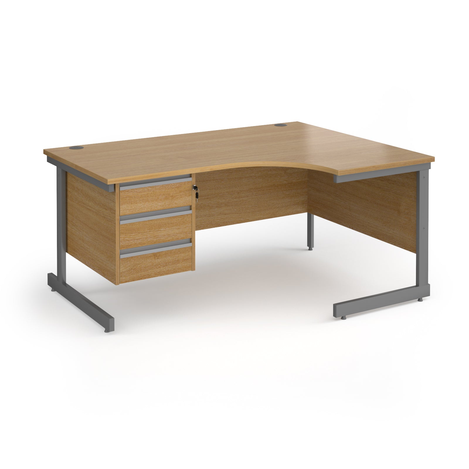 Corner office desk with a light oak wood grain finish and a dark grey metal frame, featuring three drawers on the left side.