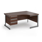 Corner office desk with a dark brown wood grain finish and a grey metal frame, featuring three drawers on the left with silver handles.