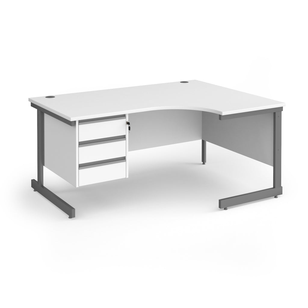 Corner office desk with a white desktop and drawer unit, supported by a grey metal frame, shown on a plain white background.