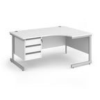 A white corner office desk with a three-drawer pedestal on the left and a silver metal frame, shown on a solid white background.