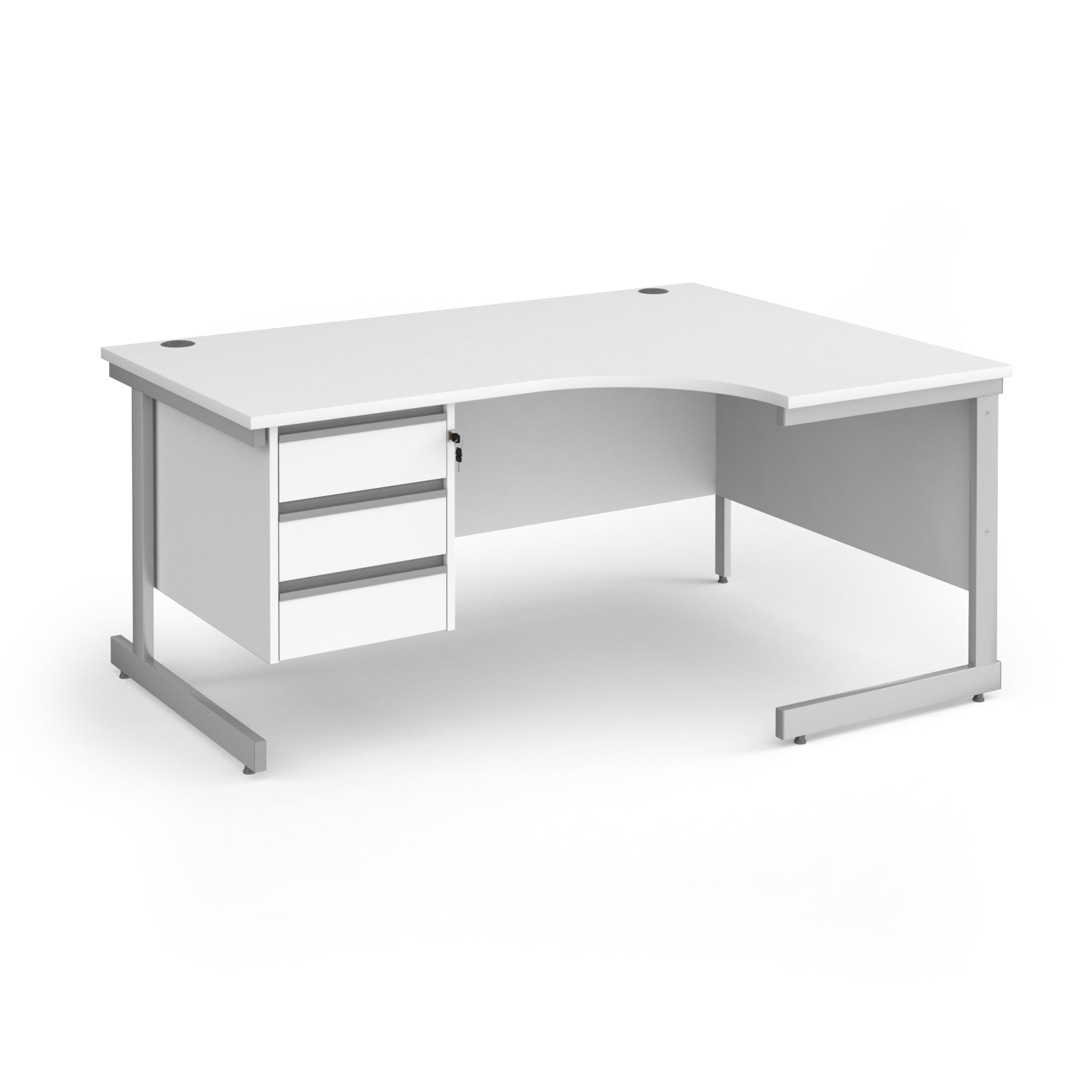 A white corner office desk with a three-drawer pedestal on the left and a silver metal frame, shown on a solid white background.