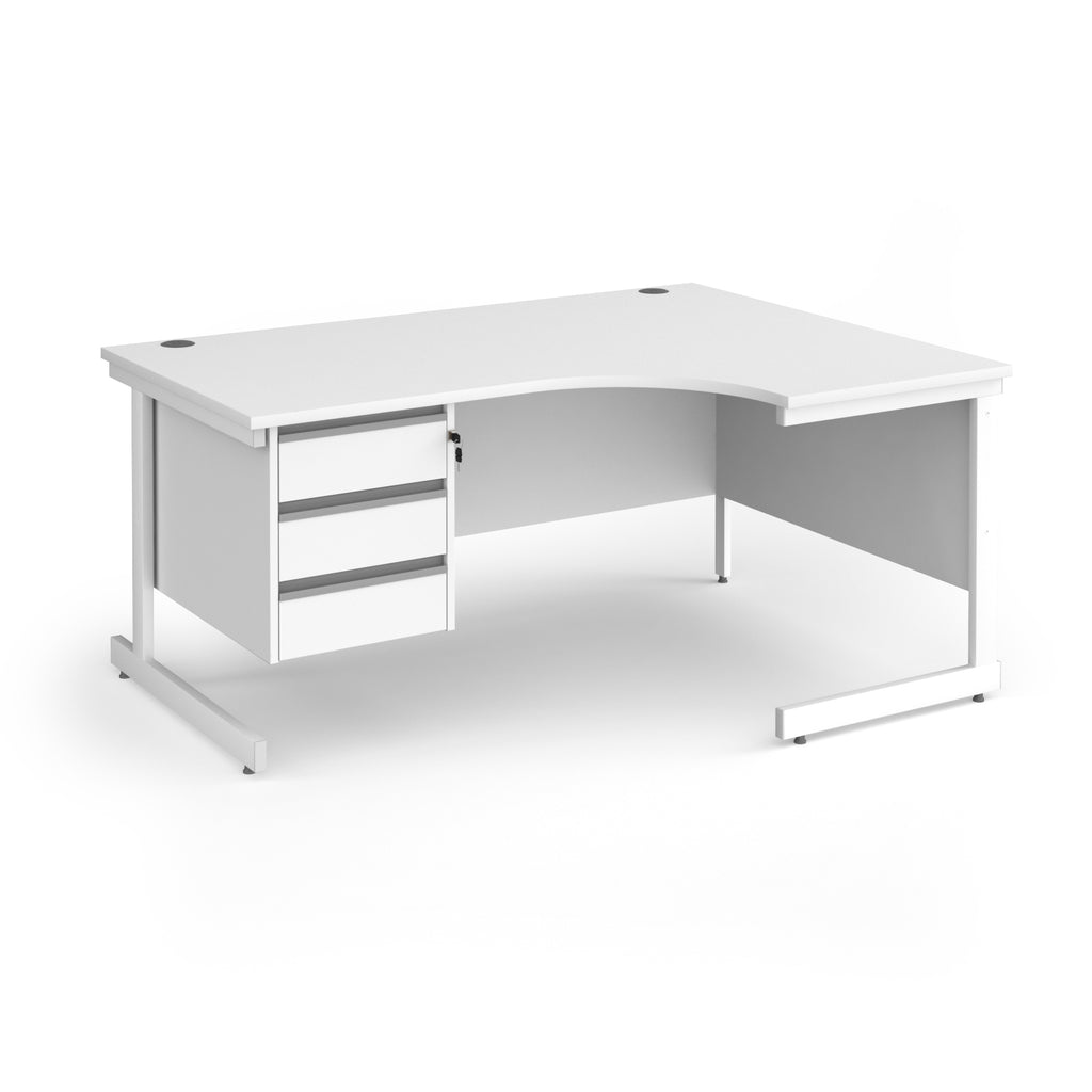 White corner office desk with three drawers on the left side, shown on a clean white background.
