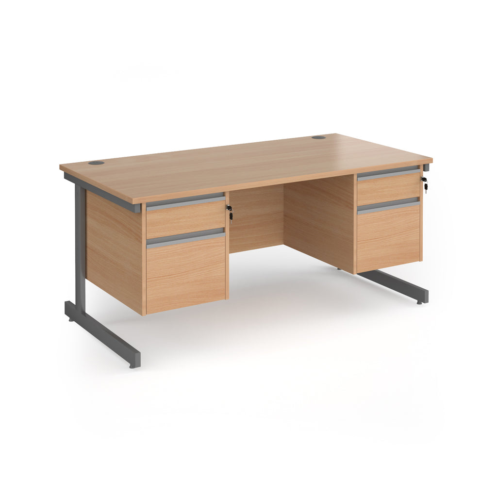 Rectangular desk with wood-effect top and two matching 2-drawer pedestals, grey metal frame, shown on a white background