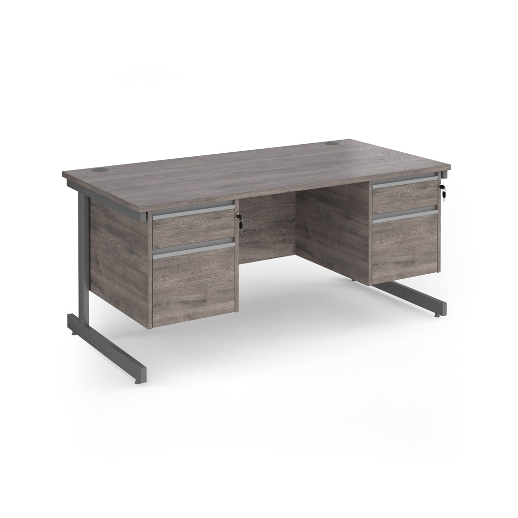 Rectangular desk with grey wood-effect top and two matching 2-drawer pedestals, grey metal frame, shown on a white background