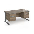 Rectangular desk with wood-effect top and two matching 2-drawer pedestals, grey metal frame, shown on a white background