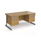 Rectangular desk with wood-effect top and two matching 2-drawer pedestals, grey metal frame, shown on a white background