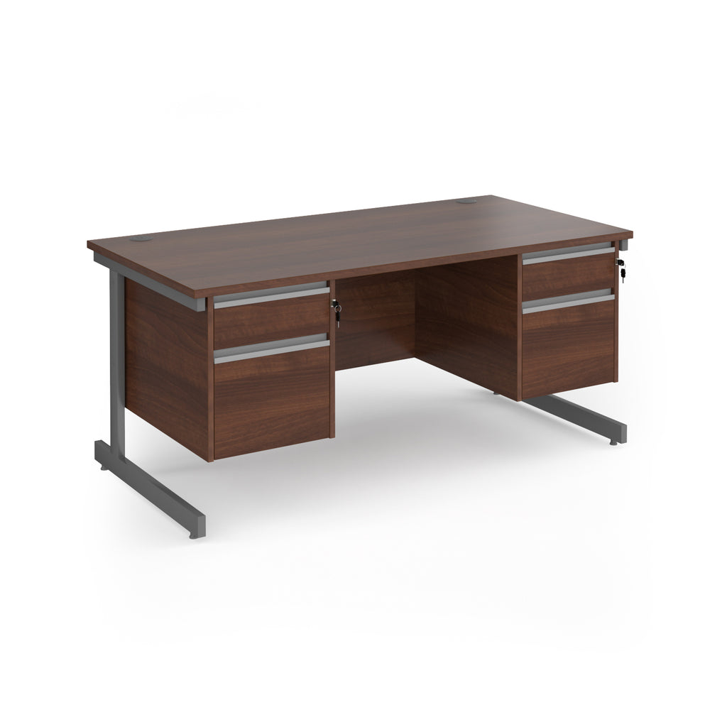 Rectangular desk with wood-effect top and two matching 2-drawer pedestals, grey metal frame, shown on a white background