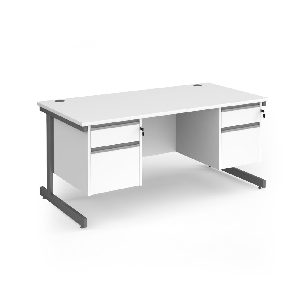 Rectangular desk with white top and two matching 2-drawer pedestals, grey metal frame, shown on a white background