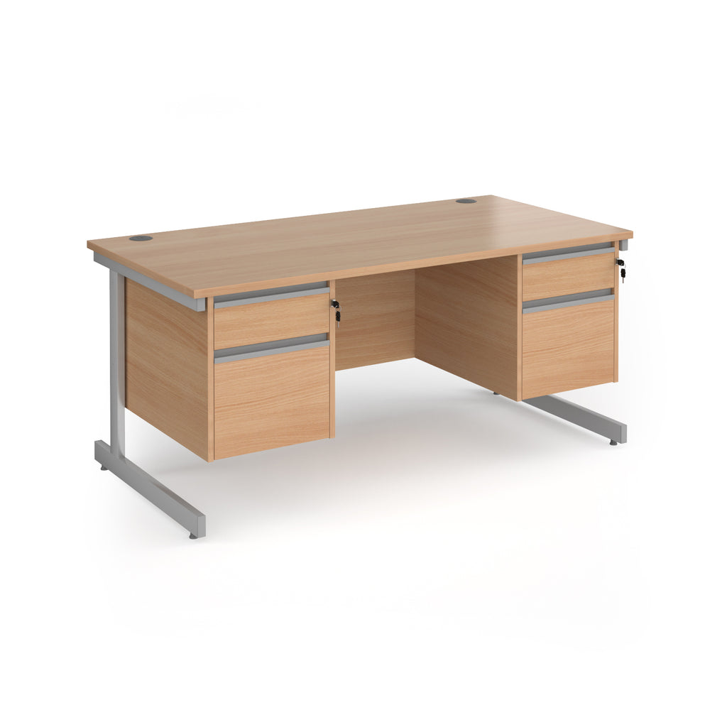 Rectangular desk with wood-effect top and two matching 2-drawer pedestals, silver metal frame, shown on a white background