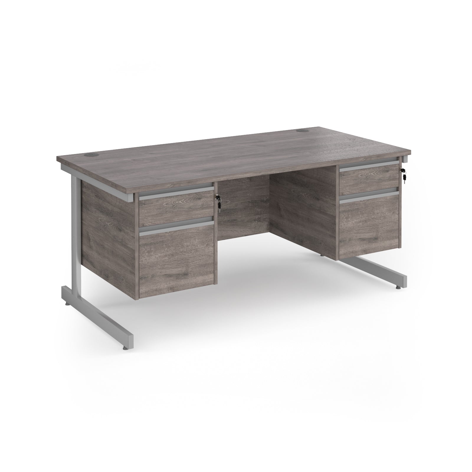 Rectangular desk with grey wood-effect top and two matching 2-drawer pedestals, silver metal frame, shown on a white background
