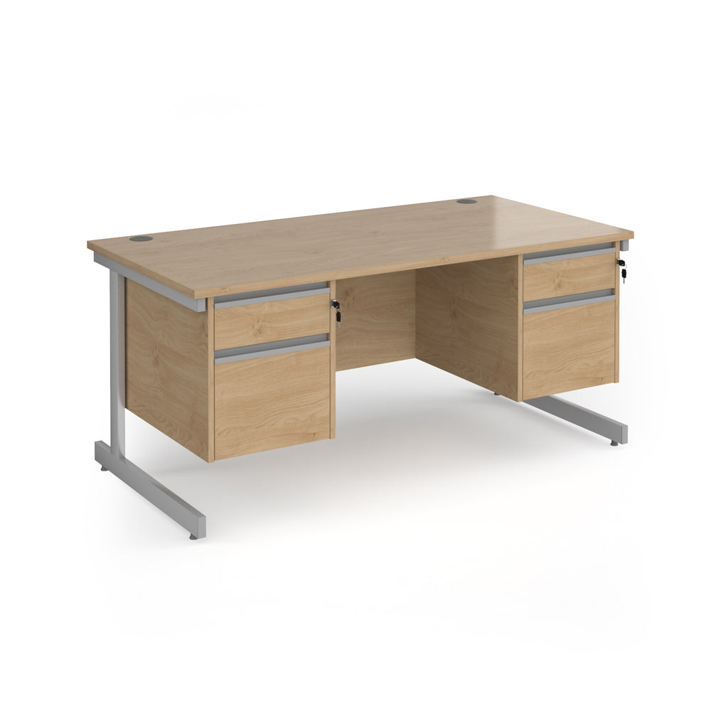 Rectangular desk with wood-effect top and two matching 2-drawer pedestals, silver metal frame, shown on a white background