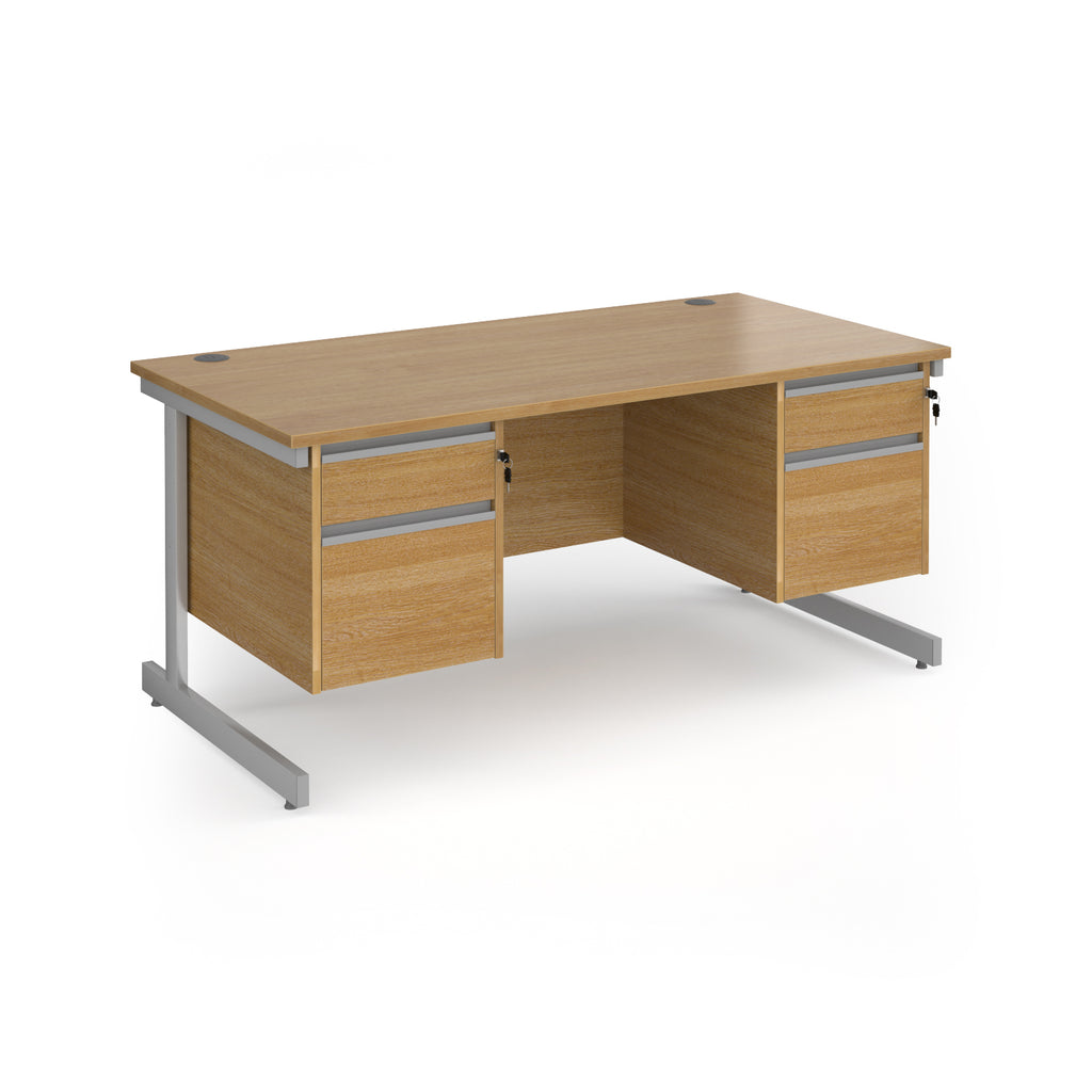 Rectangular desk with wood-effect top and two matching 2-drawer pedestals, silver metal frame, shown on a white background