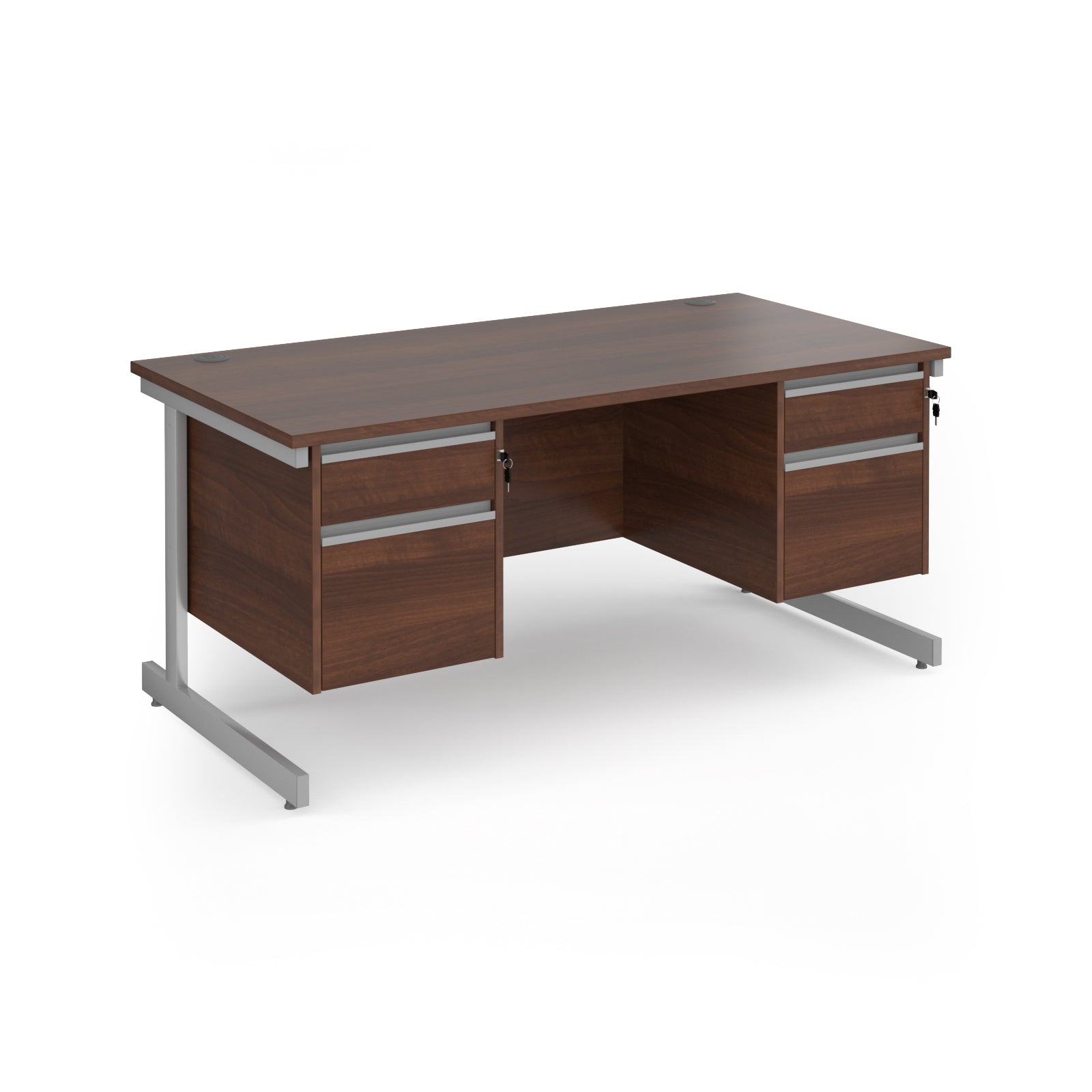 Rectangular desk with wood-effect top and two matching 2-drawer pedestals, silver metal frame, shown on a white background
