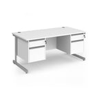 Rectangular desk with whtie top and two matching 2-drawer pedestals, silver metal frame, shown on a white background