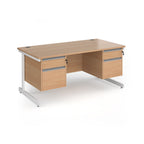 Rectangular desk with wood-effect top and two matching 2-drawer pedestals, white metal frame, shown on a white background