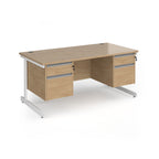 Rectangular desk with wood-effect top and two matching 2-drawer pedestals, white metal frame, shown on a white background