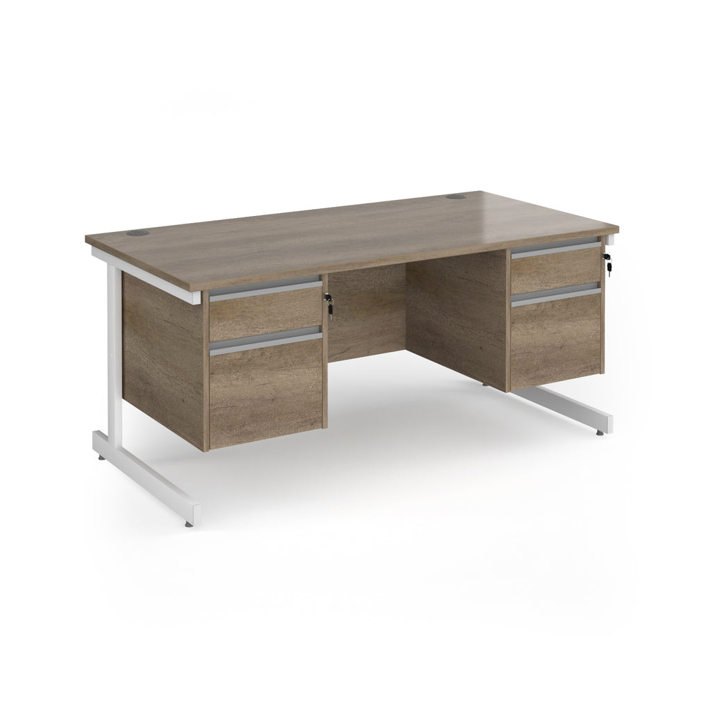 Rectangular desk with wood-effect top and two matching 2-drawer pedestals, white metal frame, shown on a white background