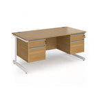 Rectangular desk with wood-effect top and two matching 2-drawer pedestals, white metal frame, shown on a white background