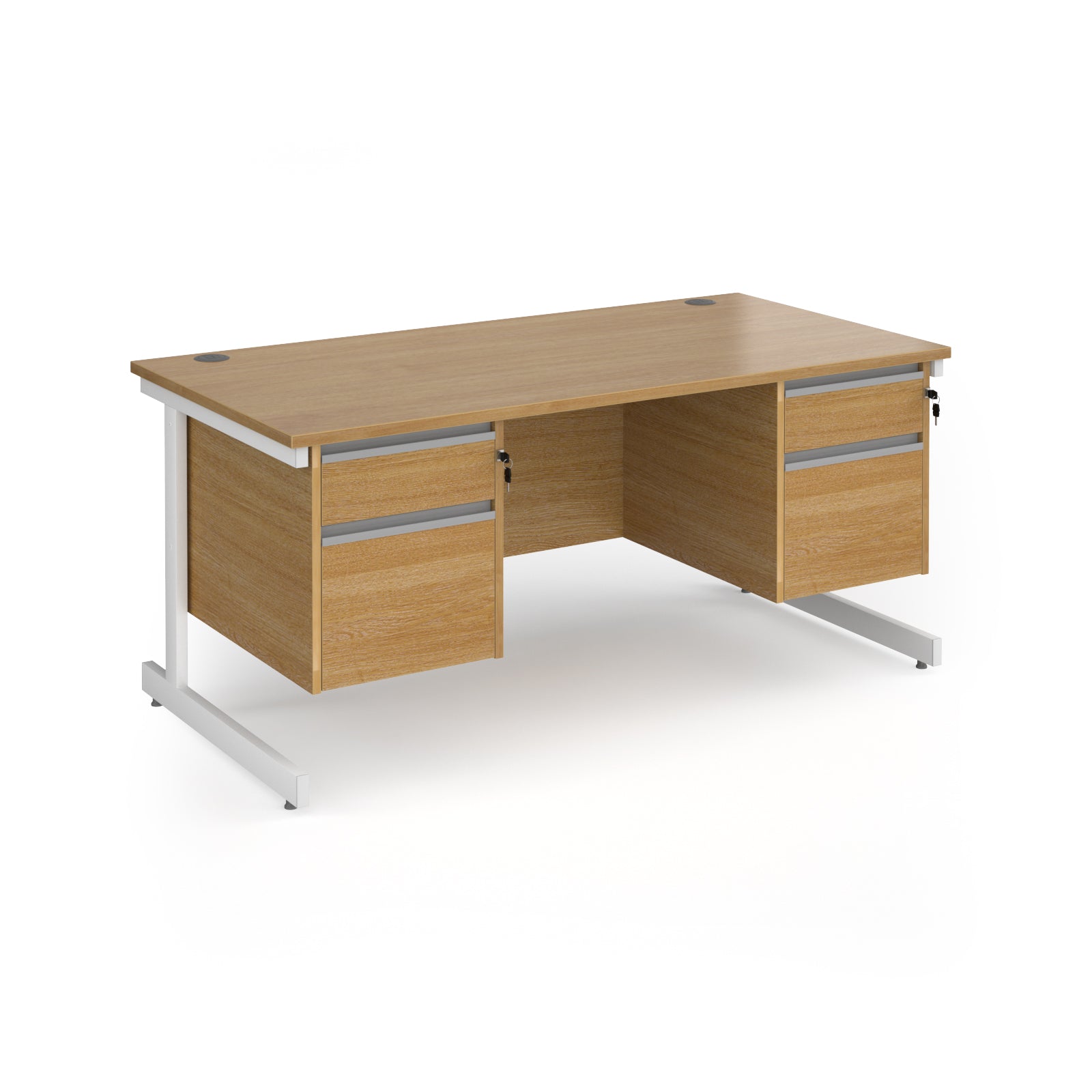 Rectangular desk with wood-effect top and two matching 2-drawer pedestals, white metal frame, shown on a white background