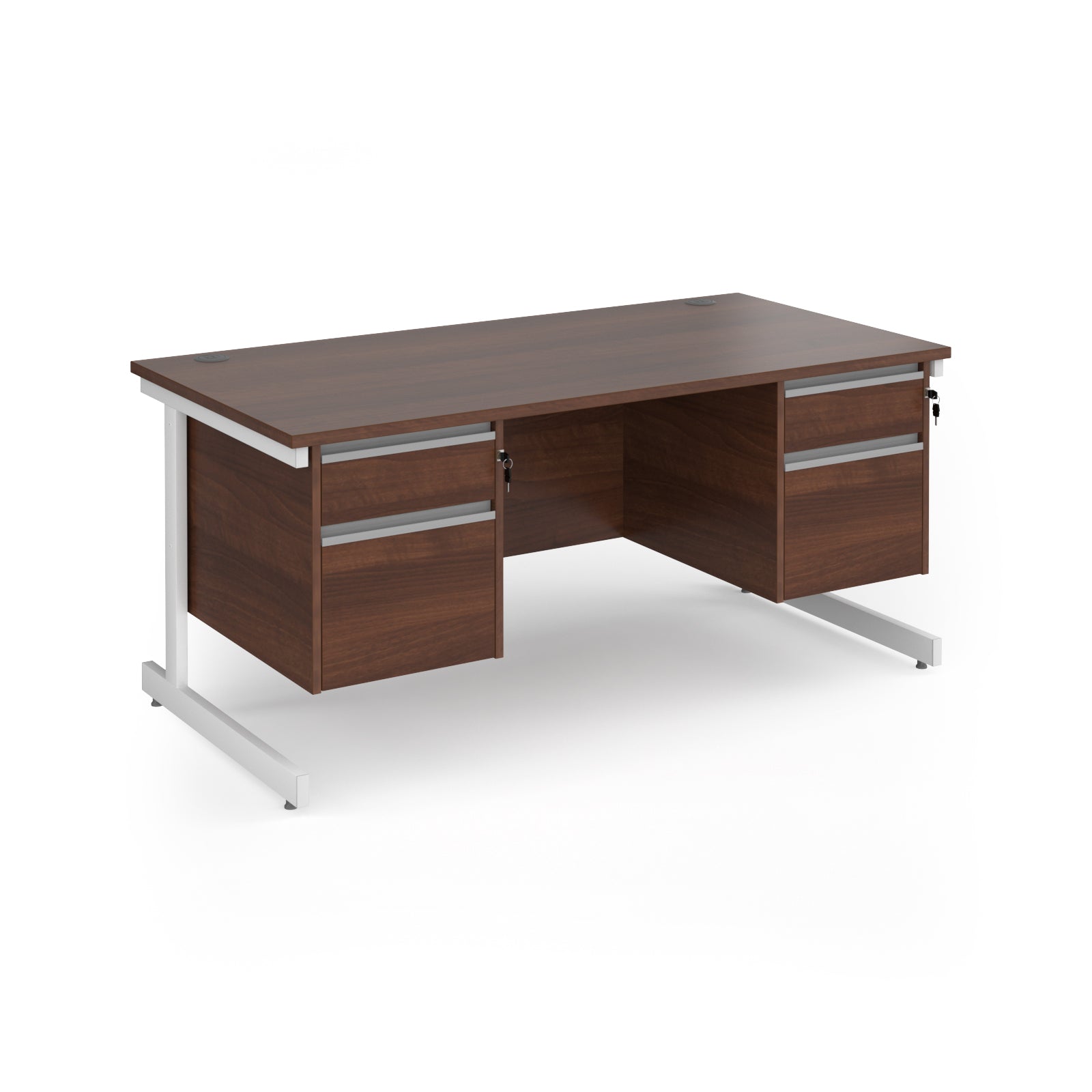 Rectangular desk with wood-effect top and two matching 2-drawer pedestals, white metal frame, shown on a white background