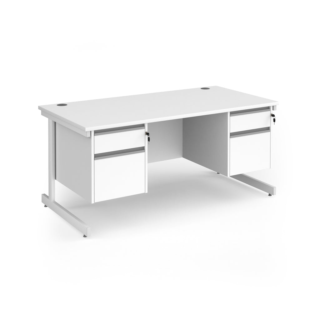 White rectangular desk with two matching 2-drawer pedestals and metal frame, shown on a white background